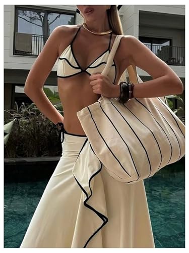 SHENHE Women's String Bikini Set 3 Piece Triangle Halter Colorblock Swimsuits with Cover Up Skirt4