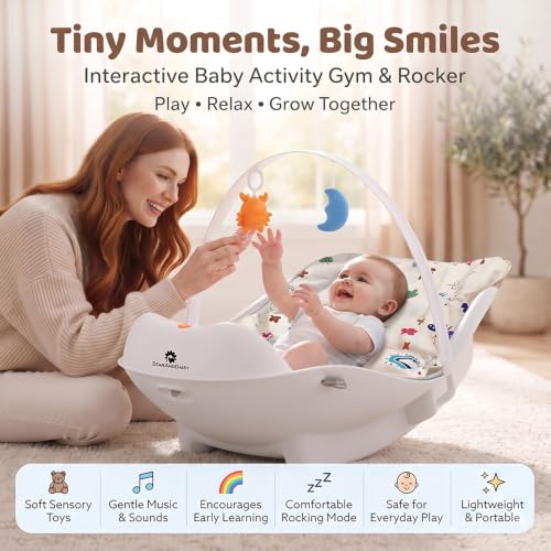 Image of StarAndDaisy Baby Musical Play Gym with Kick Piano & Hanging Toys, Play Gym for Babies 0 to 24 Months, Ergonomic Rocker with Mosquito Net for Sensory Play & Early Development