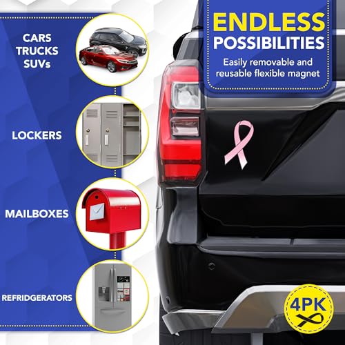 Image of Magnet Me Up Pink Ribbon Magnet 3.5 inchx7 inch Breast Cancer Awareness - 4 Pack, UV Printed Vinyl, Waterproof Car Magnetic Decal, Strong Hold, Ribbon Magnet for Car, Fridge, Crafted in USA