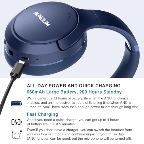 Image of RUNOLIM Hybrid Active Noise Cancelling Headphones, 100H Playtime, Built-in Microphone, Bluetooth Wireless Over Ear Foldable Headphones with HiFi Audio, Home Travel Office