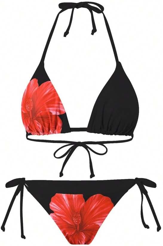 ZAFUL Womens 3pcs Swimsuit Floral Halter Triangle Bikini Top Tie Side Bottom with Long Sheer Cover Up Skirt - Image 3