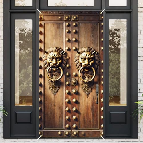 Image of Vintage Lion Head Door Cover 35x71in Rustic Knocker Decor