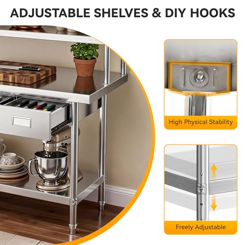 Image of DWVO 60x24in Stainless Steel Table with Adjustable Overshelf & 3 Drawers | NSF Metal Prep Worktable for Kitchen Restaurant Hotel Garage Warehouse Home Commercial