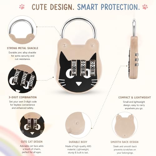 Image of GLUN Printed Cute Cat 3 Number Rechangeable Combination Pad Lock, Metal Body Paint Coated Number Lock for Luggage & Bags