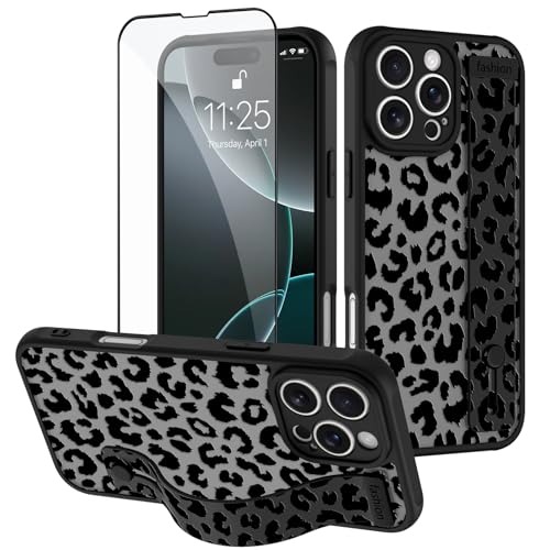 OOK Leopard Case for iPhone 16 Pro Max with Finger Strap, Black
