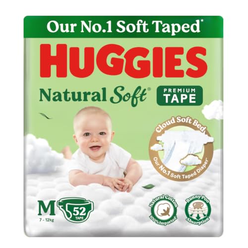 Image of Huggies Natural Soft Premium Tape Diapers Medium (M) Size, 7-12 kgs,52 Count | Our No.1 Soft Taped Diaper with Cloud Soft Bed and Runny Poo Absorption