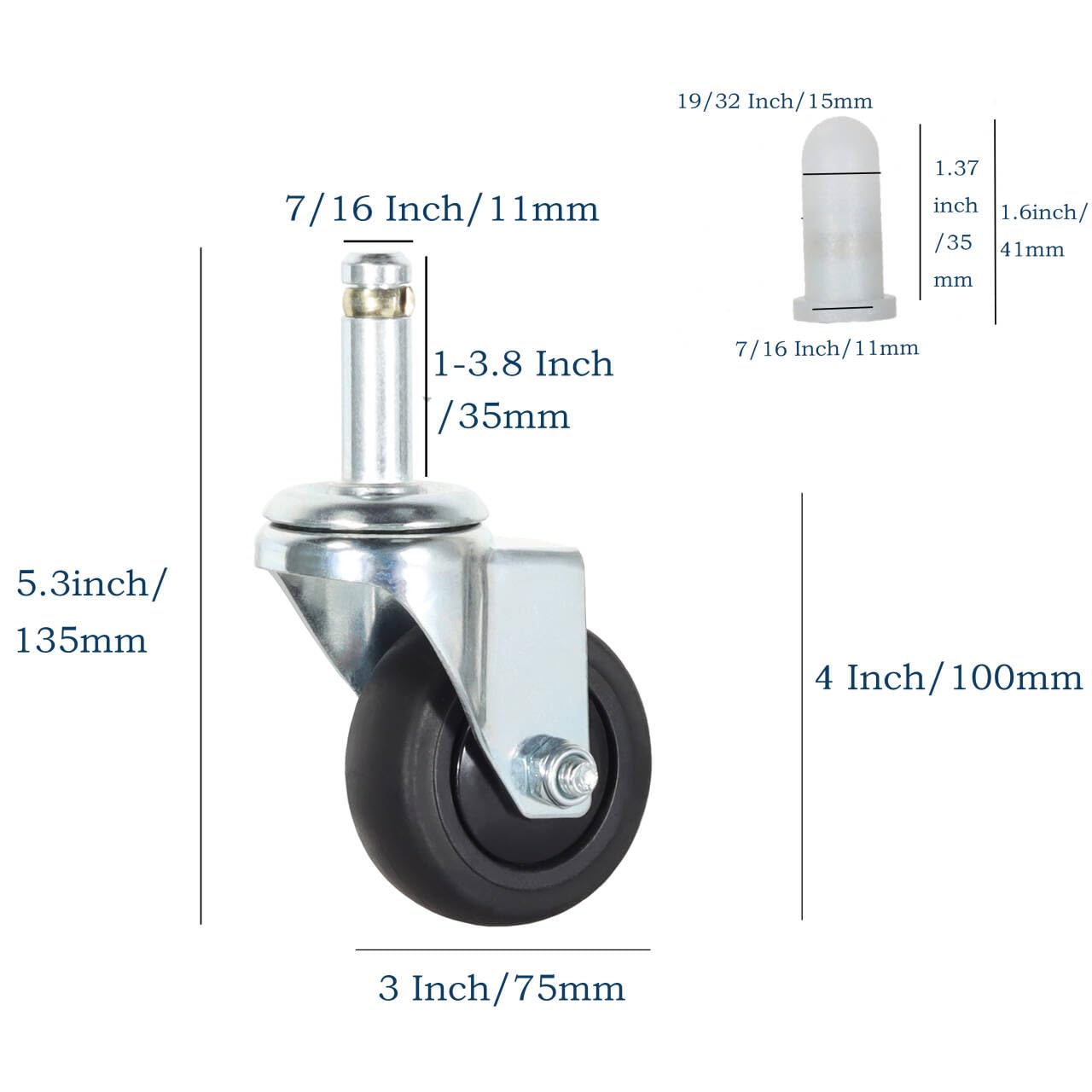 Koła jezdne Stem, 7/16" x 1-3/8" Koła obrotowe z hamulcem Koła TPR o nośności 200 funtów Koła zamienne Zestaw 4 kółek (bez hamulca, 3 cale)
