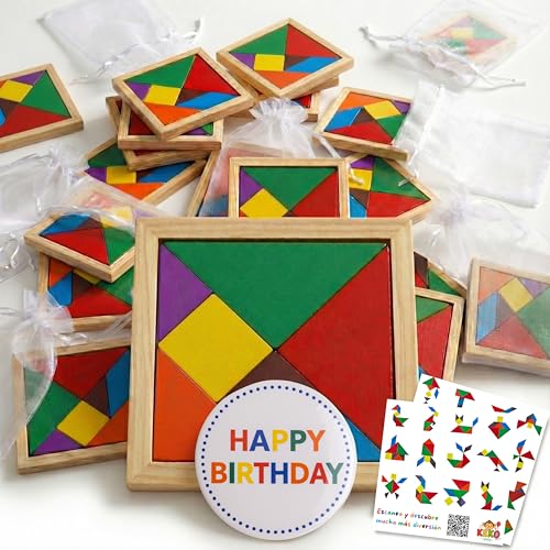 KeKo Pack de 30 tangram infantil, saco 30, 1 folha de aniversário, 30 guias de contas, presentes de aniversário para crianças, colégio, detalhes para convidados infantis, detalhes para Presente