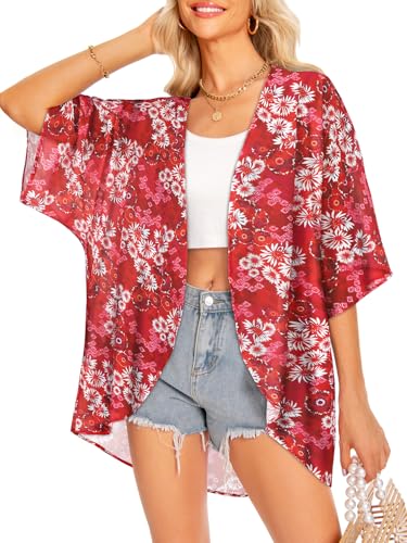Image of Women Kimono Cardigans Casual Summer Tops Cover up Open Front Floral Print Resort Wear 2026