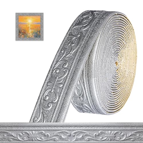 Bordüre Selbstklebend 3D Stuckleisten Wand - 10m x 8cm x 5mm - Zierleisten Selbstklebend, Wasserdicht Wandbordüre,Leisten Selbstklebende,Roll Border Trims für Ecken Linien Decken Dekoration,Silbergrau