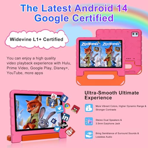 Image of ZIOVO 2026 Kids Tablet 10 inch Android 14 Tablets for Kid Octa-Core, 20GB+128GB (TF 1TB), Toddler Tablet with Shockproof Case, 5GHz WiFi 6, Parental Control, Face Unlock, Split Screen, BT5.0-Pink