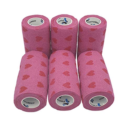 PintoMed - 6 x Roze met Rode Harten - Samenhangend Verband - Cohesive Bandage - 6 rollen x 10 cm x 4,5 m Zelfklevende flexibele verbanden, EHBO, sportverbandverbanden - Pak van 6