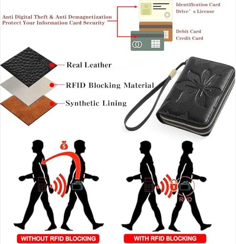 Double Zip Around Genuine Leather Wallet for Women RFID Blocking Wristlet Purse Medium Size Black (Black)4