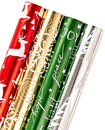 WRAPAHOLIC 30 Inch Christmas Wrapping Paper Roll - Jumbo Roll Red Green Gold and Silver Snowflakes Trees Holiday Collection with Metallic Foil Shine - 4 Rolls - 30 Inch x 120 Inch Per Roll