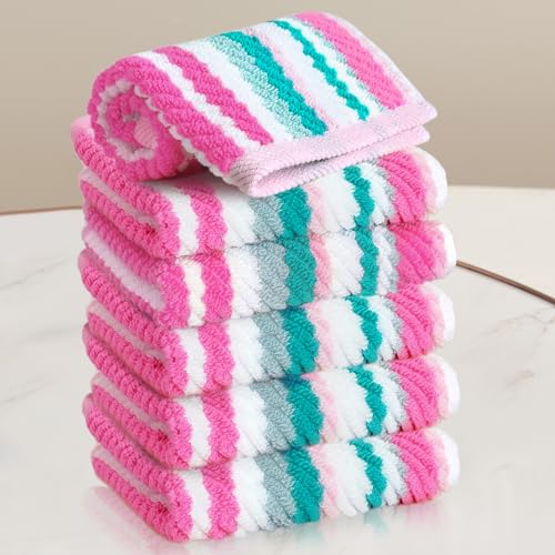 VOOVA & MOVAS Pink Soft Towel Set (6PC, 100% Cotton), Wash Cloth 13" x13, Striped Absorbent Towels Set for Bathroom & Guest, Luxury Towel Gift Set, Pink and Aqua Stripe