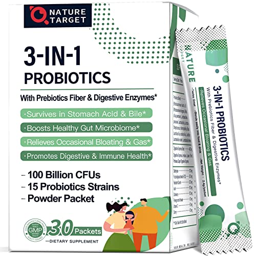 Probiotics for Digestive Health 100 Billion CFUs for Women Men with Multi Enzymes & Prebiotics Fiber & Vitamin C for Gut Health, Weight Loss, Immune Support 30 Servings