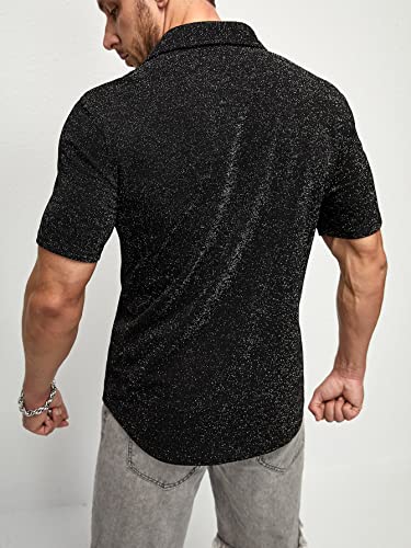 WDIRARA Men's Button Front Short Sleeve Collar Glitter Shirt Metallic Party Club Tops2