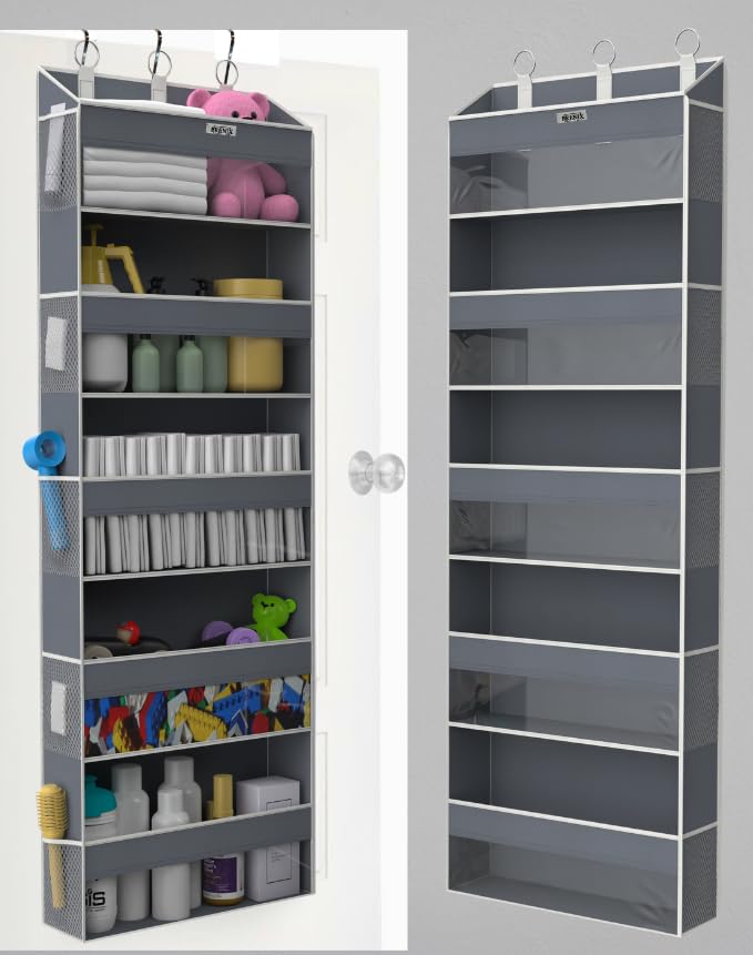 BRENIX Over the Door Organizer with 5 Large Pockets & 10 Mesh Side Pockets – Durable Hanging Storage for Closet, Bathroom, Bedroom, and Pantry – Space Saving Door Storage with Sturdy Metal Hooks.