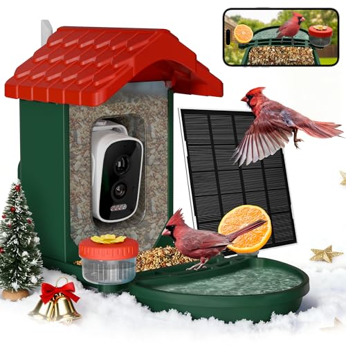 VISIOGEAR 2-in-1 Smart Wild Bird Feeder & Bath with 4K HD Camera AI Identification Solar Bird Feeder Watching Camera Night Vision for Outdoor Birds Watching Gifts for Birdlover Red & Green