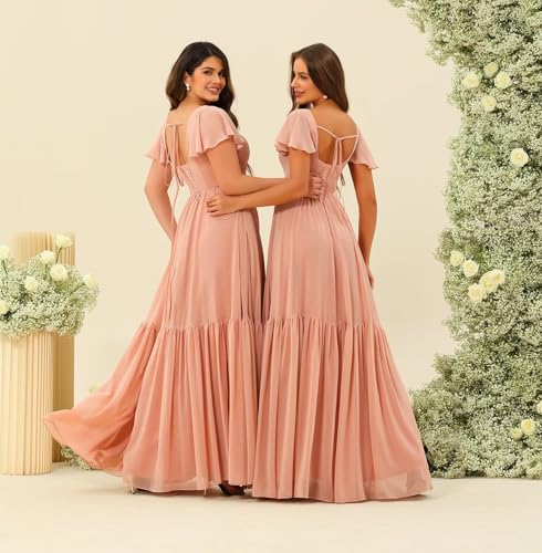 YOFF Square Neck Bridesmaid Dresses with Slit Flutter Sleeves Chiffon Long Maxi Formal Party Dresses with Pockets YO1512