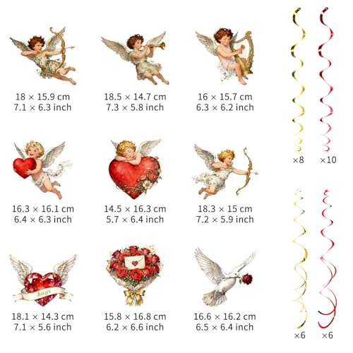 Image of Valentine's Cupid Party Streamers, 48 PCS Romantic Hanging Swirl Decorations - Angel, Heart & Rose Motifs for Valentine's Day, Weddings & Anniversary Parties