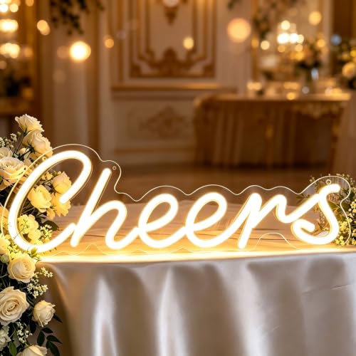 Image of LED Cheers Neon Sign for Home Bar, USB Powered Warm White Bar Light with Dimmable Control, Wedding Party Wall Decor for Kitchen Restaurant 15.75x5.51