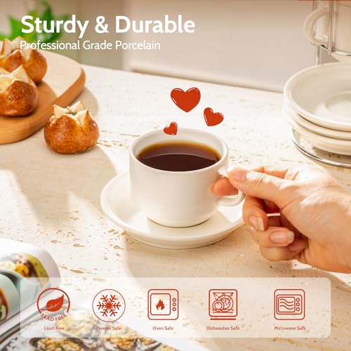 Image of Sweese 8 Ounce Porcelain Stackable Cappuccino Cups with Saucers and Metal Stand - for Specialty Coffee Drinks, Cappuccino, Latte, Americano and Tea - Set of 4, White