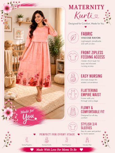 Image of RITIJYA Zipless Feeding Kurta Dress for Women | Maternity Nursing Kurti, No-Zip Easy Access | Extra Pleats Pre to Post Pregnancy | Quick-Dry Fabric | S-4XL