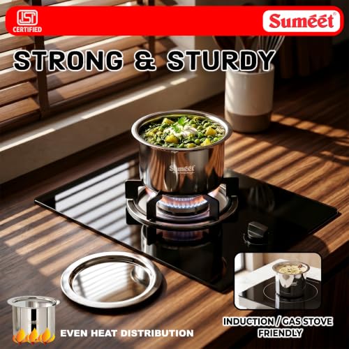 Image of Sumeet ISI Certified Stainless Steel Ganj /Milk Boiler /Tope /Cookware Set of 3 Pcs with Lid, Gas and Induction Friendly, 250ml, 400ml, 550ml, Silver