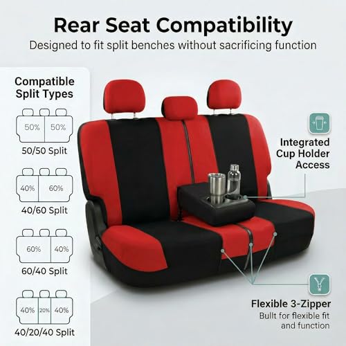 Image of FH Group Universal Automotive Seat Covers 8 Seater Set | Light & Breezy Flat Cloth Washable Car Seat Cover for SUV, Sedan, Truck | Airbag Compatible Interior Upgrade - Red /Black