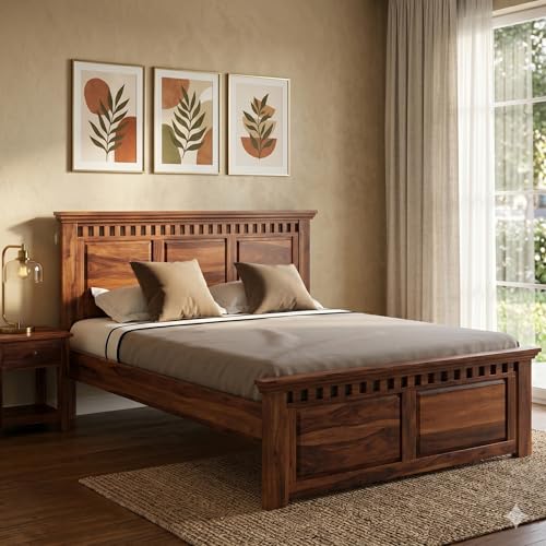 Image of Sheesham Wood Queen Size Bed Without Storage | Solid Wooden Cot Bed | Double Bed Furniture for Bedroom Living Room Home - Q 04 (Honey Teak Finish 001)