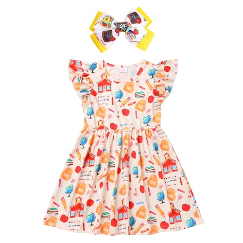 Toddler Girls Back to School Dress - Apple, Pencil, Crayon, Schoolbag, Letter Print Ruffle Dresses