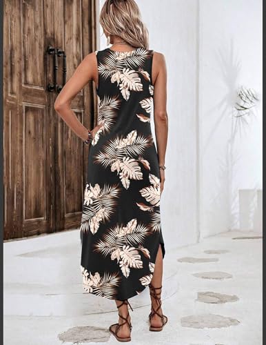 Image of Zeagoo Women Floral Summer Casual Beach Printed Tank Dress with Pockets Pleated Front Long Dress