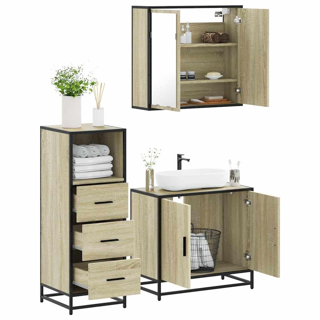 Juego de 3 muebles de baño de roble Sonoma con lavabo, armario con espejo, armario alto, espacio de almacenamiento y montaje en pared para cuarto de baño, invitados, aseo, orden y ahorro de