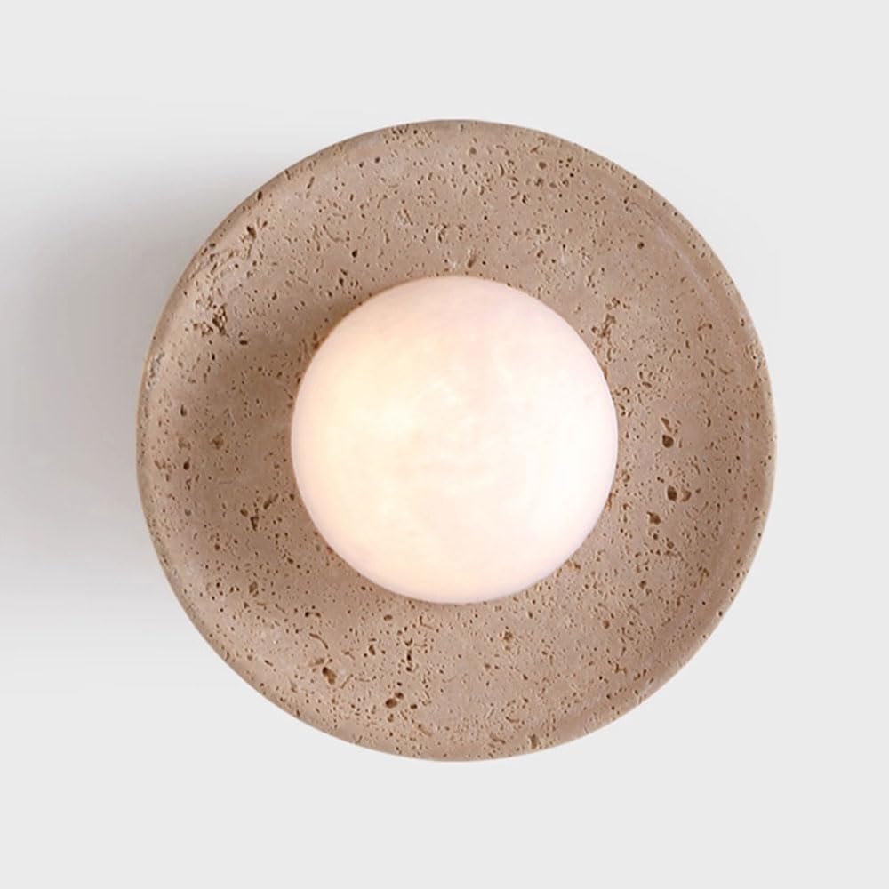 GUOGUOSM 9.8in Round Yellow Travertine Wall Sconce, G9 Screw Indoor Wall Lamp, Hard Wire Connection Wall Light, Bedroom Dressing Table Entrance Decorative Lighting Fixtures