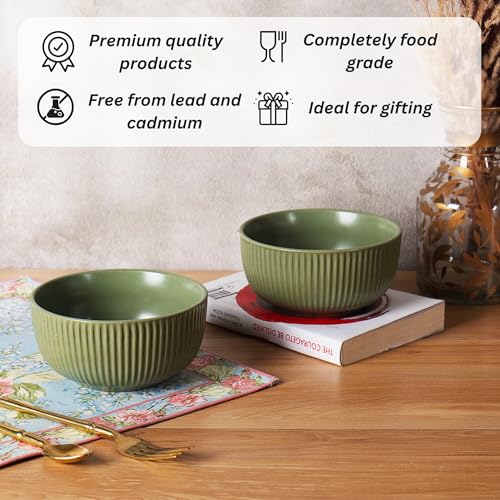 Image of Niyara Ceramic Printed Bowl Set of 2 | Premium Serving Bowls for Snacks, Soup & Desserts | Microwave & Dishwasher Safe (Green line Bowl)