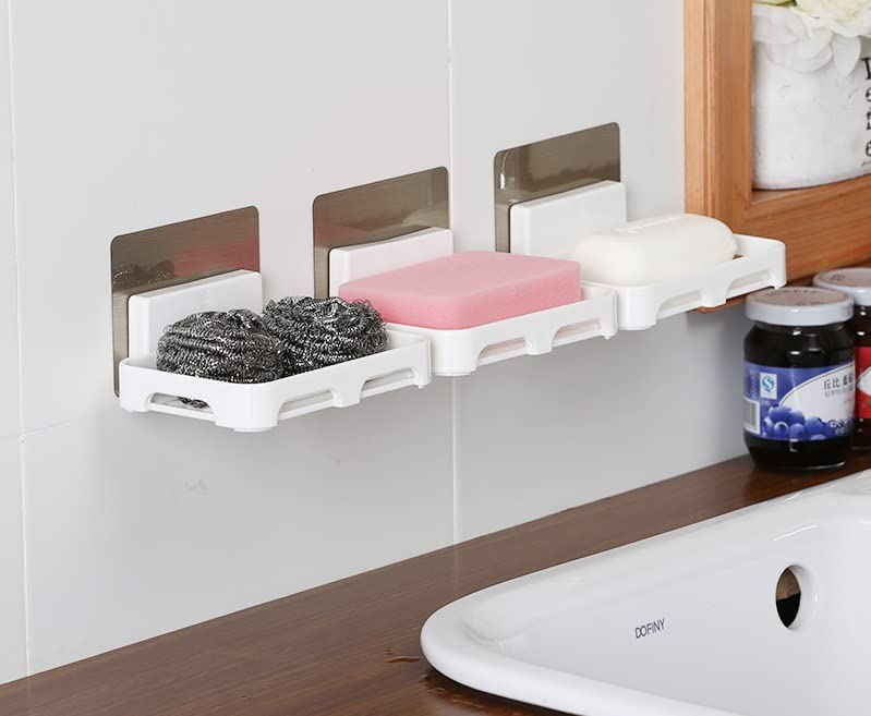 Satpurush 4 Pack Wall Mounted Bathroom Shelf Organizer, 2 Shelf + 2 Soap Dish, Modern Style, White, Plastic, Super Adhesive, Water Resistant
