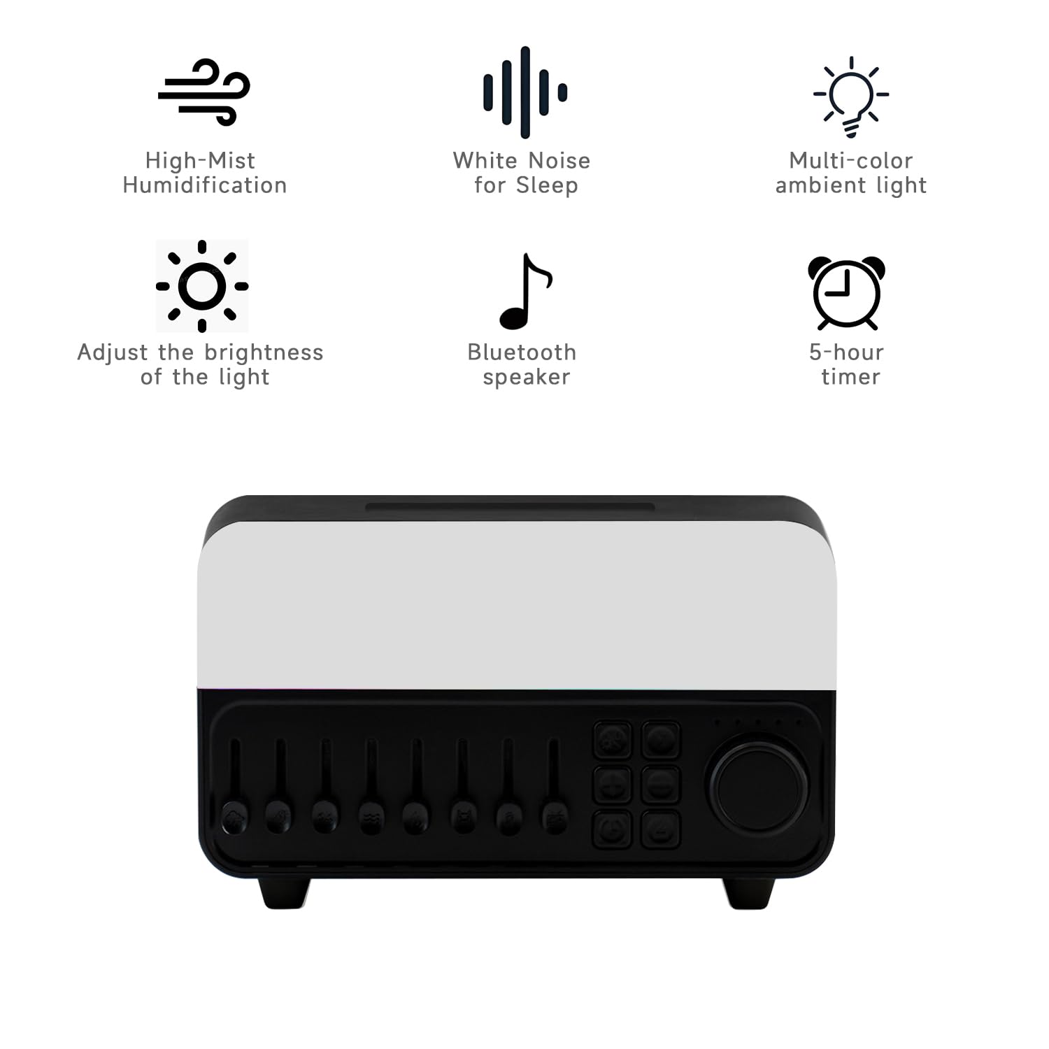 QUMOX A14 Umidificatore con Rumore Bianco, Effetto Fiamma, Speaker Bluetooth e Serbatoio 150ml – Nebulizzazione Ultrasonica, Luce RGB Respirante, Timer 5 Ore, per Camera da Letto e Ufficio Nero