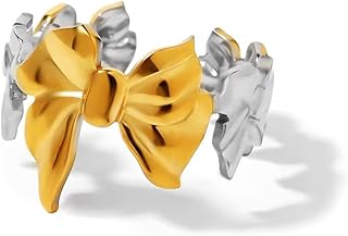 خاتم عقدة فيونكة قابل للتعديل للنساء والفتيات - تصميم لطيف بلونين ذهبي وفضي، سوار انيق مفتوح مجوهرات هدية