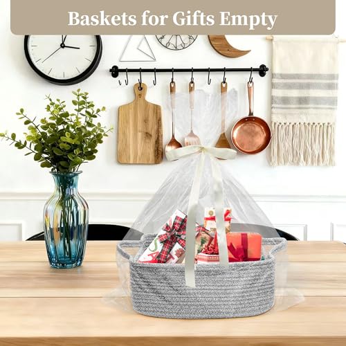 Image of Small Gift Basket Empty, Woven Rope Basket for Nursery, 13x10x5in | Soft storage basket with reinforced handles. boo basket with toys, towels or treats for baby showers & holidays. Grey