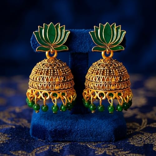 Image of OnlyKing Traditional Lotus Meenakari Jhumka Earrings for Women & Girls | Gold Color Oxidised Ethnic Floral Jhumki | Temple South Indian Style Ear rings Set | Stylish Trending Big Colorful Jhumkas (Available in 12 Colors)