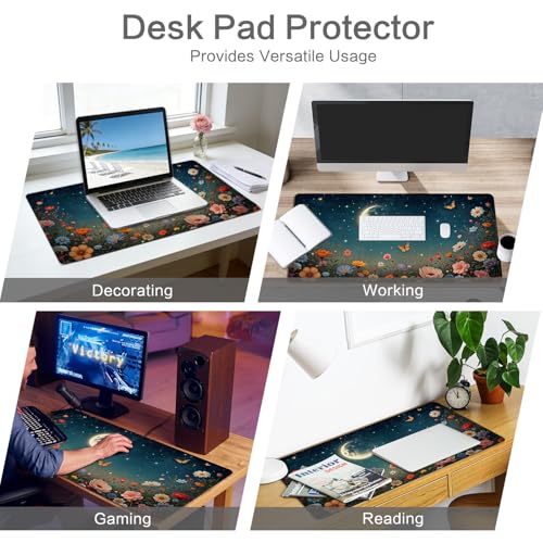 Image of Vimorco Waterproof Desk Pad,XXL Large Mouse Extended Gaming Mousepad with Anti-Slip Rubber Base,Computer Laptop Keyboard Mouse Mat for Women Girls Work,Game,Office,31.5 x 15.7 inch,Black Moon Flowers