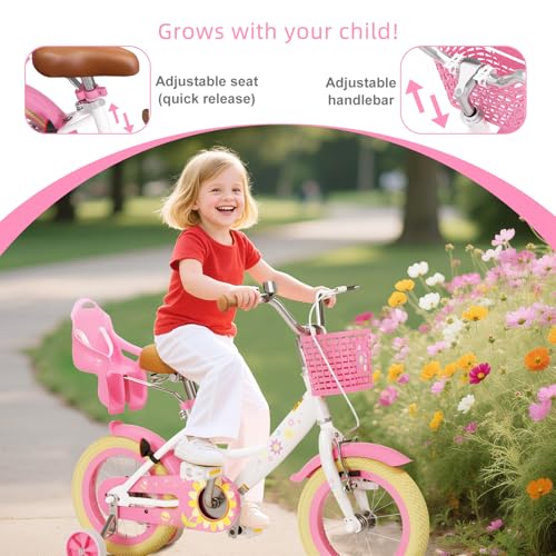 Image of Glaf Toddler Girls Bike for Age 2-9 Years 12 14 16 20 Inch Kids Bike | Girls Bicycle,Toddler Bike,Doll Seat, Basket, Adjustable Seat, Bell,