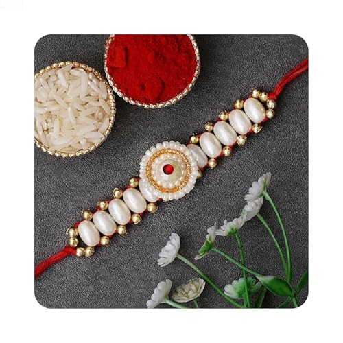 Image of eCraftIndia Designer Pearls Rakhi with Roli Chawal Pack and Raksha Bandhan Greeting Card