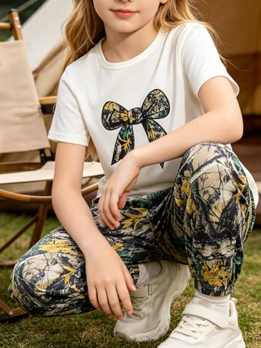 Image of Girls 6 Piece Outfits Casual Cargo Jogger Pants and Basic Love Graphic Print Short Sleeve Top Set 4-12 Years