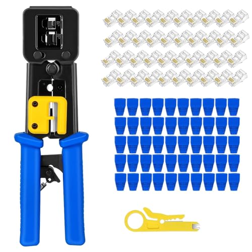 Image of XIKKART Tools Kit, Passthrough RJ45 Crimping Tool Ethernet Crimper for Cat6 Cat5 Cat5e RJ45 Pass Through Connectors and R11 /RJ12 Regular Ends with 30Pcs Connectors, 30Pcs Boot Covers & 1 Wire Stripper
