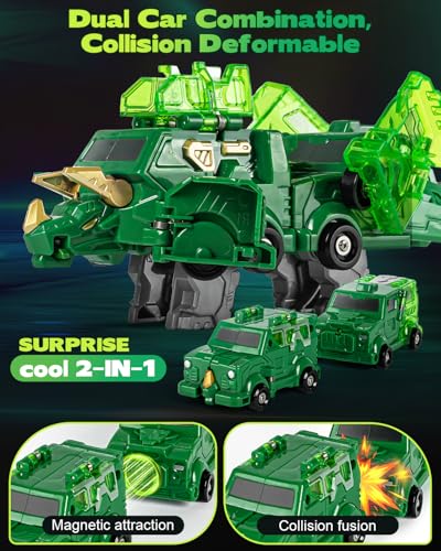 Image of Collision Transforming Dinosaur Car Toys, 2 in 1 Magnetic Car Transform into Dinosaur Toys, Dino Robot Toy, Deformation Car Birthday Easter Party Gifts for Kids Boys Girls, Green