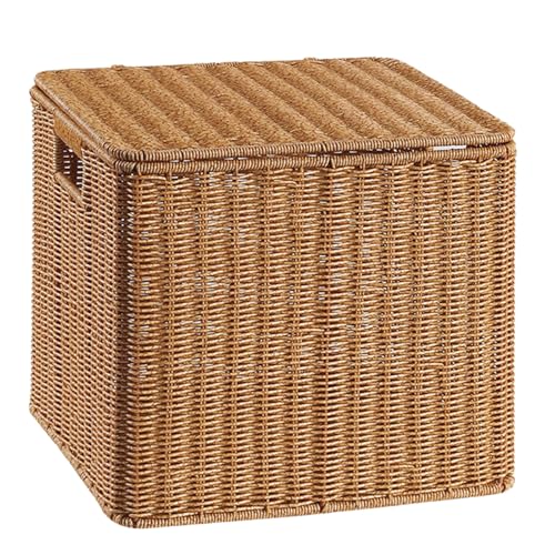 acmeer ラタンバスケット かご バスケット ラタンボックス 蓋付き 収納ボックス 籐 手編み 収納かご 深型 カゴ 大容量 防塵 雑貨 小物入れ 衣類収納 大きいサイズ ナチュラル インテリア おしゃれ 洗える 玄関 寝室 洗面所 クローゼット (淡