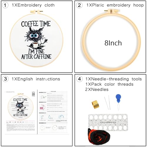 Image of Cute Cat Embroidery Kits for Beginners Adults, Coffee Hand Embroidery Starter Kit, Stamped Cross Stitch Kits for Beginners Adult Craft Kit for Women, Entire Set of Embroidery Supplies & Video Tutorial
