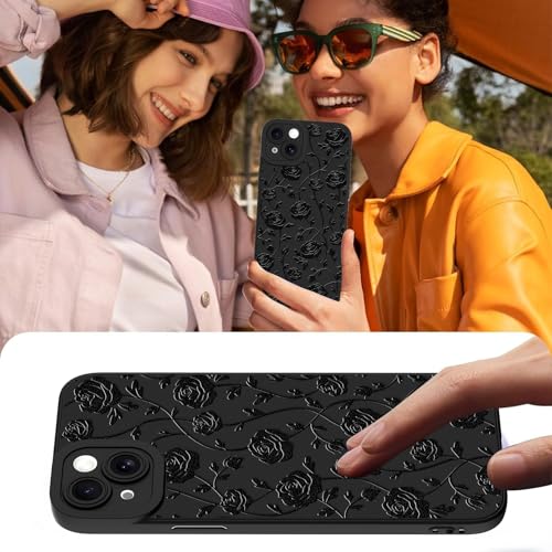 Image of Designed for iPhone 15 Case, Cute Rose Flower Floral Pattern Design, Slim Soft TPU Liquid Silicone Protective Cover for Women Girls - Black